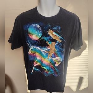 Crazy cat riding a unicorn in space tee L